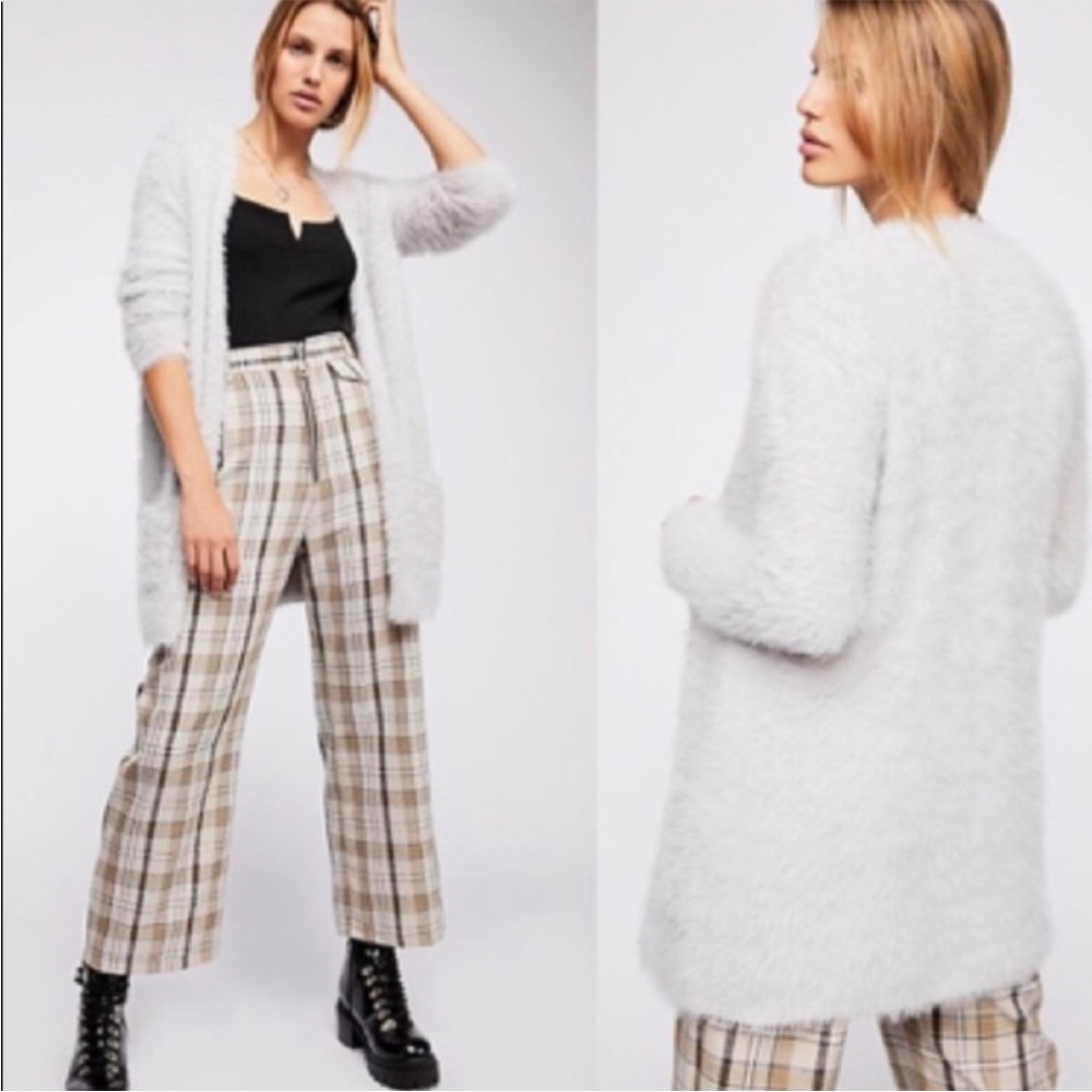 Free People Light Grey Super Soft Faux Fur Fuzzy Lounge Cardigan Sweater S
